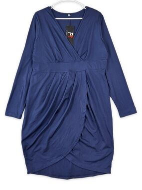 Poseshe Deep V-neck Bodycon Wrap Dress Womens XXL 2XL Navy Blue Mini Long Sleeve